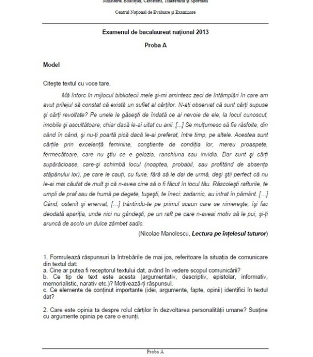 Subiecte model limba romana - bacalaureat (proba orala) Subiecte model limba romana - bacalaureat (proba orala)