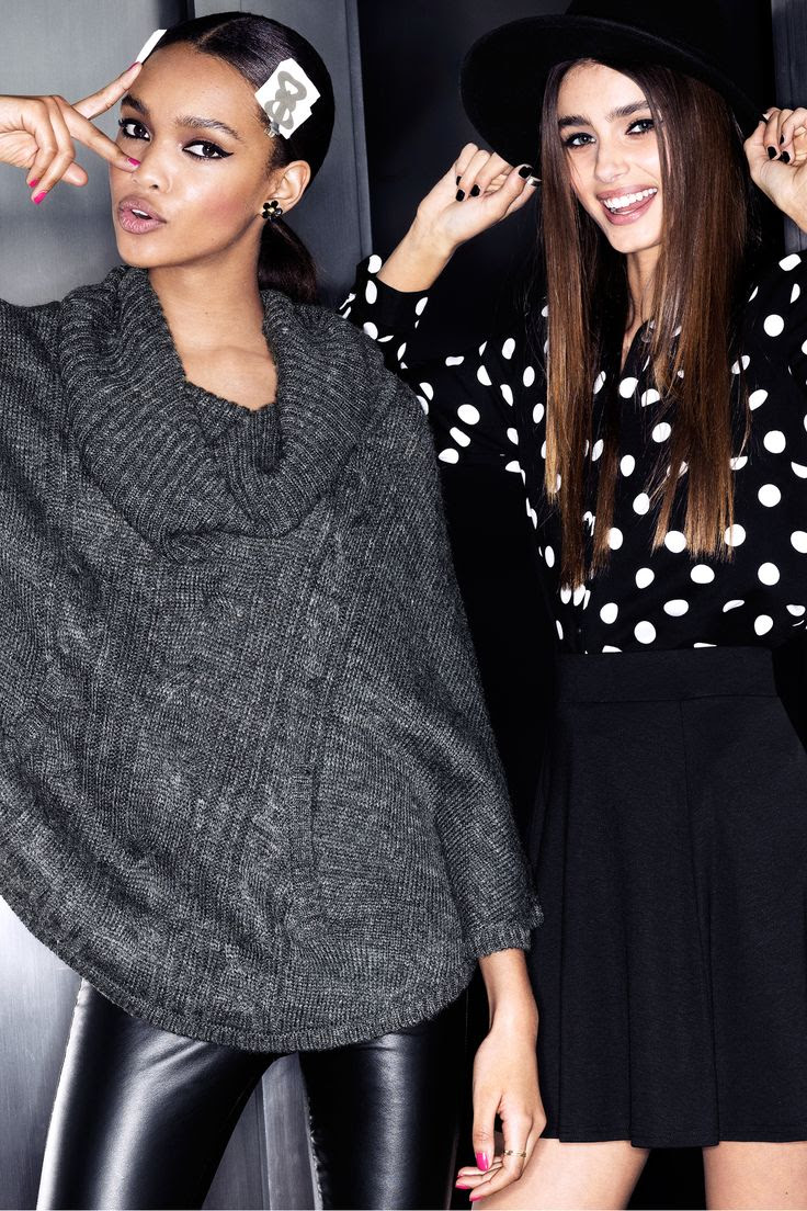 Gray knit poncho and black & white long-sleeve polka-dot blouse. #HMDIVIDED