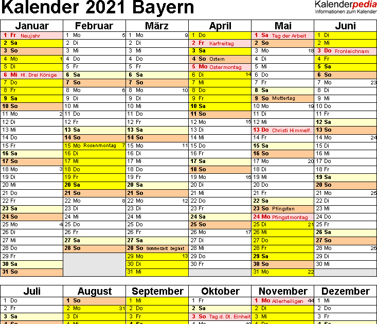 Feiertage 2021 Bayern - Kalender 2020 Bayern: Ferien ...