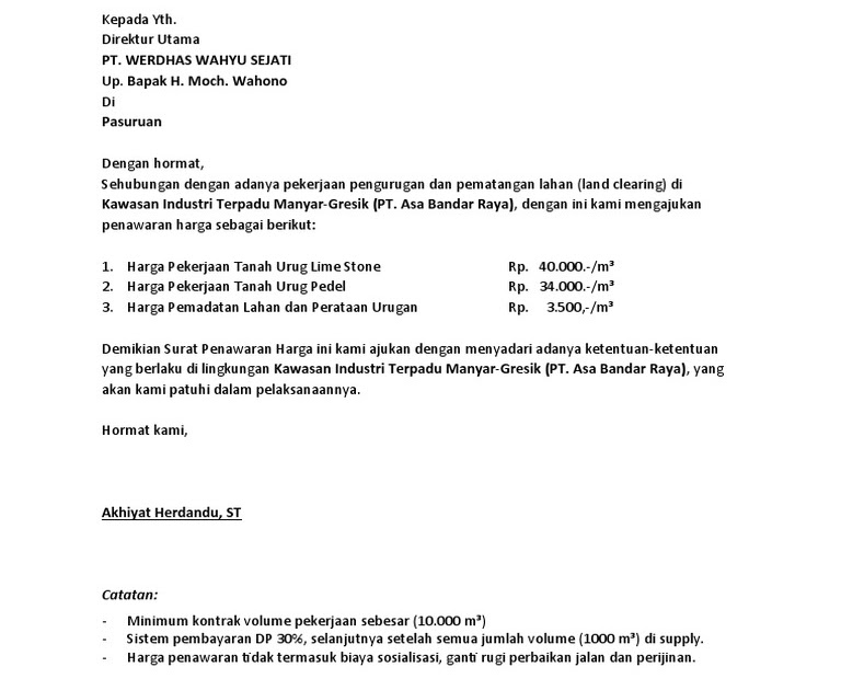 Contoh Surat Penawaran Harga Sewa Lahan Panduan Cara