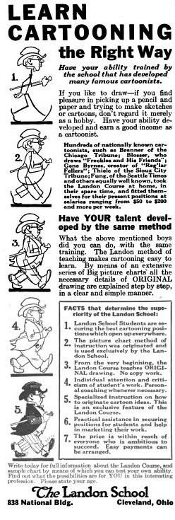 A vintage advertisement for the Landon coure in how to draw cartoons and comic books.