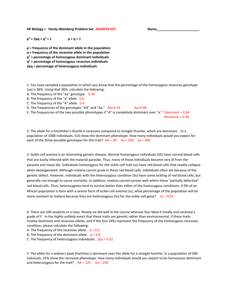 The Hardy-Weinberg Equation Pogil Answer Key / The Hardy Weinberg