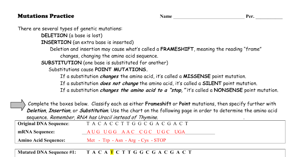 Mutation Worksheet Answers Key - worksheet