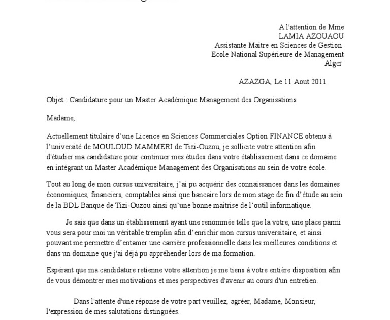 Lettre De Motivation Pour Un Stage Académique