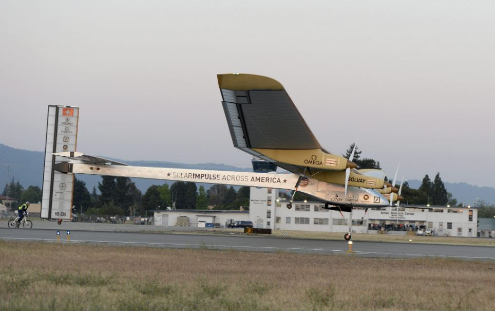 The Solar Impulse plane, piloted by Bertrand Piccard of Switzerland, takes off from Moffett Airfield in Mountain View, California as it attempts to fly across the United States
