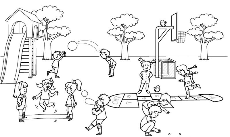 Dibujos Para Colorear Niños Jugando En El Parque - Varios Niños