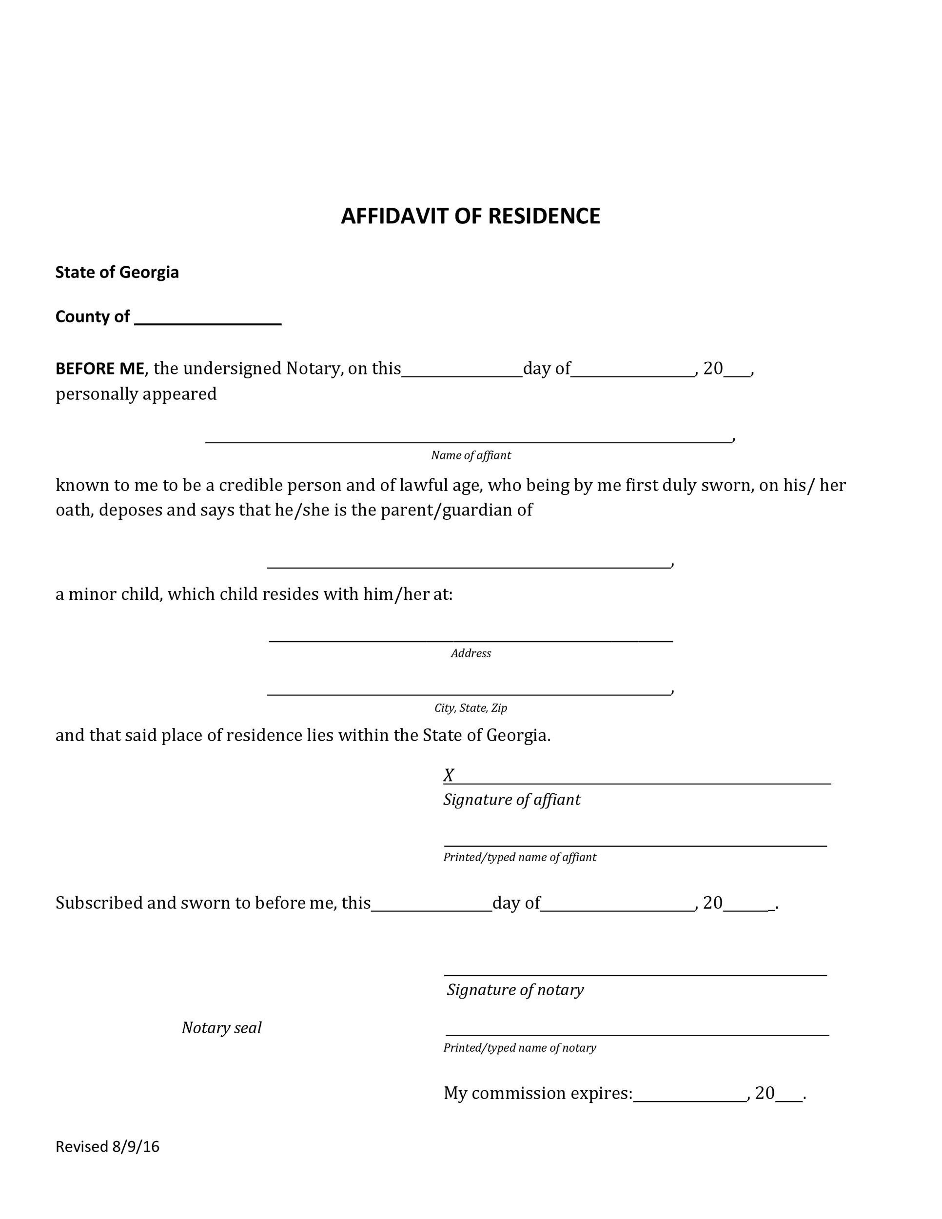 Residence Affidavit Template 1720