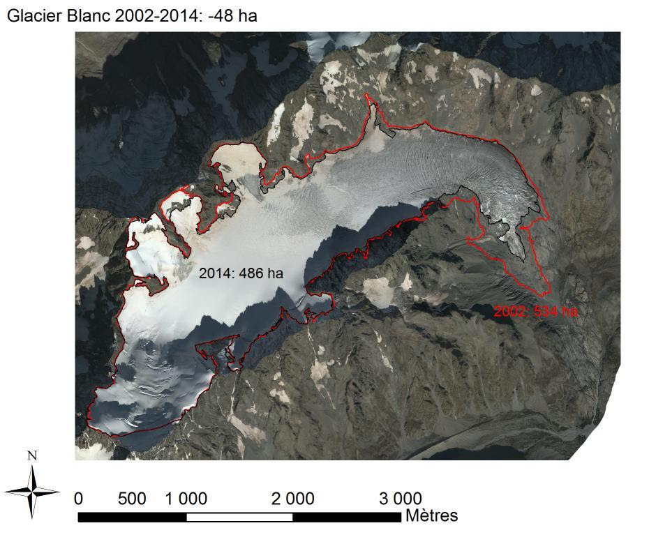 Glacier Blanc 2002-2014 - variation surface - photo aerienne - analyse E-Thibert-IRSTEA
