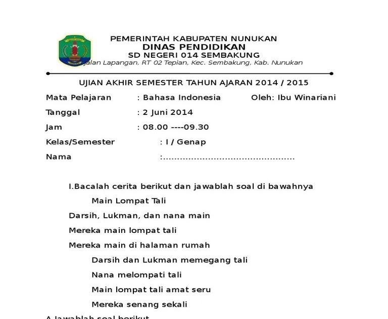 Kumpulan Soal Kelas 1 Semester 1 / Contoh Soal Pas Uas Pjok Kelas 1 Sd