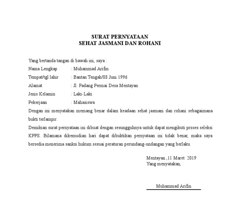Contoh Surat Pernyataan Sehat Jasmani Dan Rohani Berbagi Contoh Surat