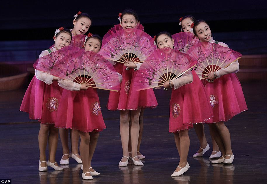 North Korean schoolgirls perform at the Mangyongdae Children's Palace on Friday, April 14, 2017, in Pyongyang, North Korea