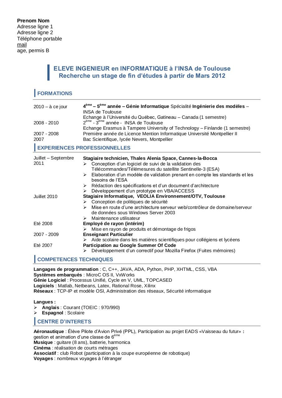 Resume Format Modele De Cv Enseignant Quebec