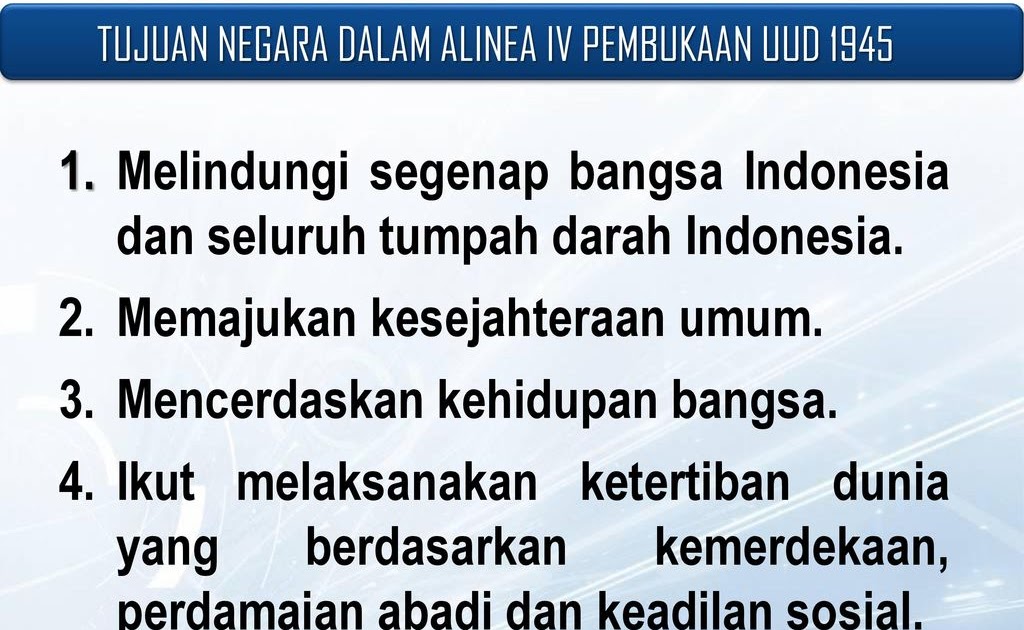 Sebutkan 4 Tujuan Negara Yang Tercantum Dalam Pembukaan Uud 1945 Alinea Ke 4 Sebutkan Itu