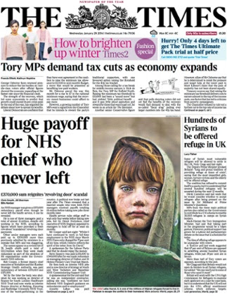 Page one of the Times on 29 January 2014