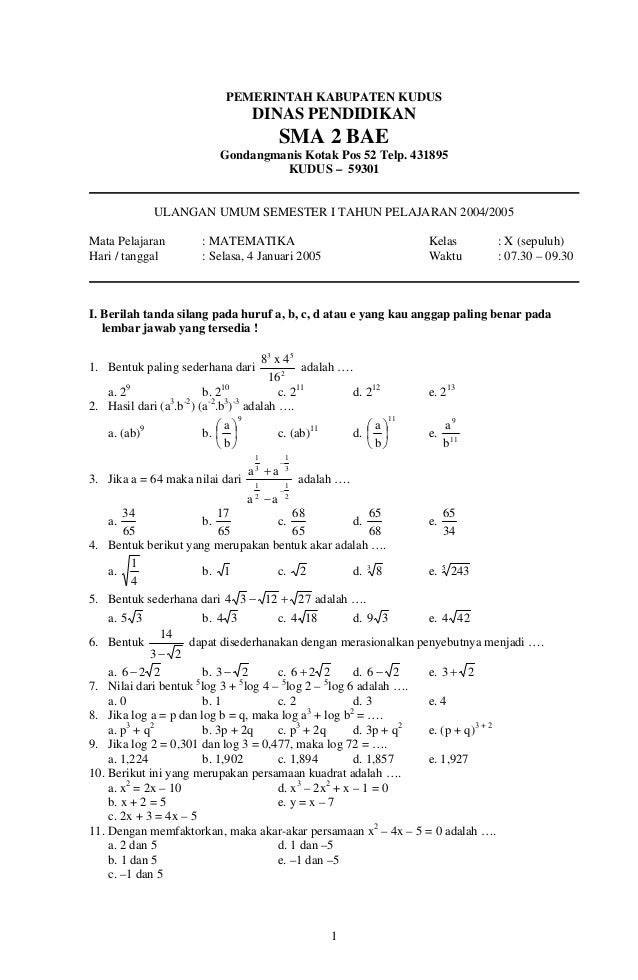 Contoh Latihan Soal: Soal Matematika Smk Kelas 10 Semester 2 Dan Jawabannya