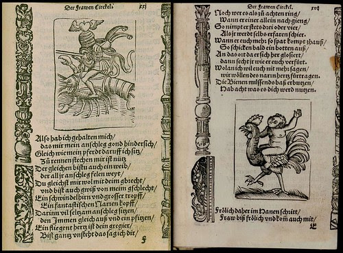 woodcut illustrations: knight rides lobster + child rides rooster