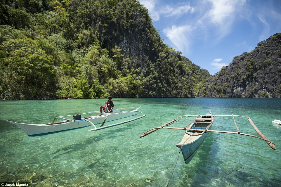 This stunning picture shows one of the Tagbanua paddling his wooden boat in crystal clear waters, the rainforest rising up dramatically behind him 