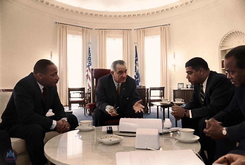 Equality: Lyndon Johnson is pictured here meeting with civil rights leaders at the White House. In 1964, U.S. President Lyndon signed into law the historic Civil Rights Act in a nationally televised ceremony