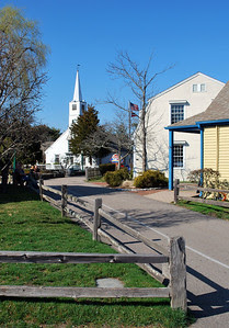 A view of the church in Olde Mystic Village