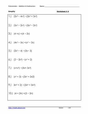 Answer Subtracting Polynomials Worksheet - worksheet