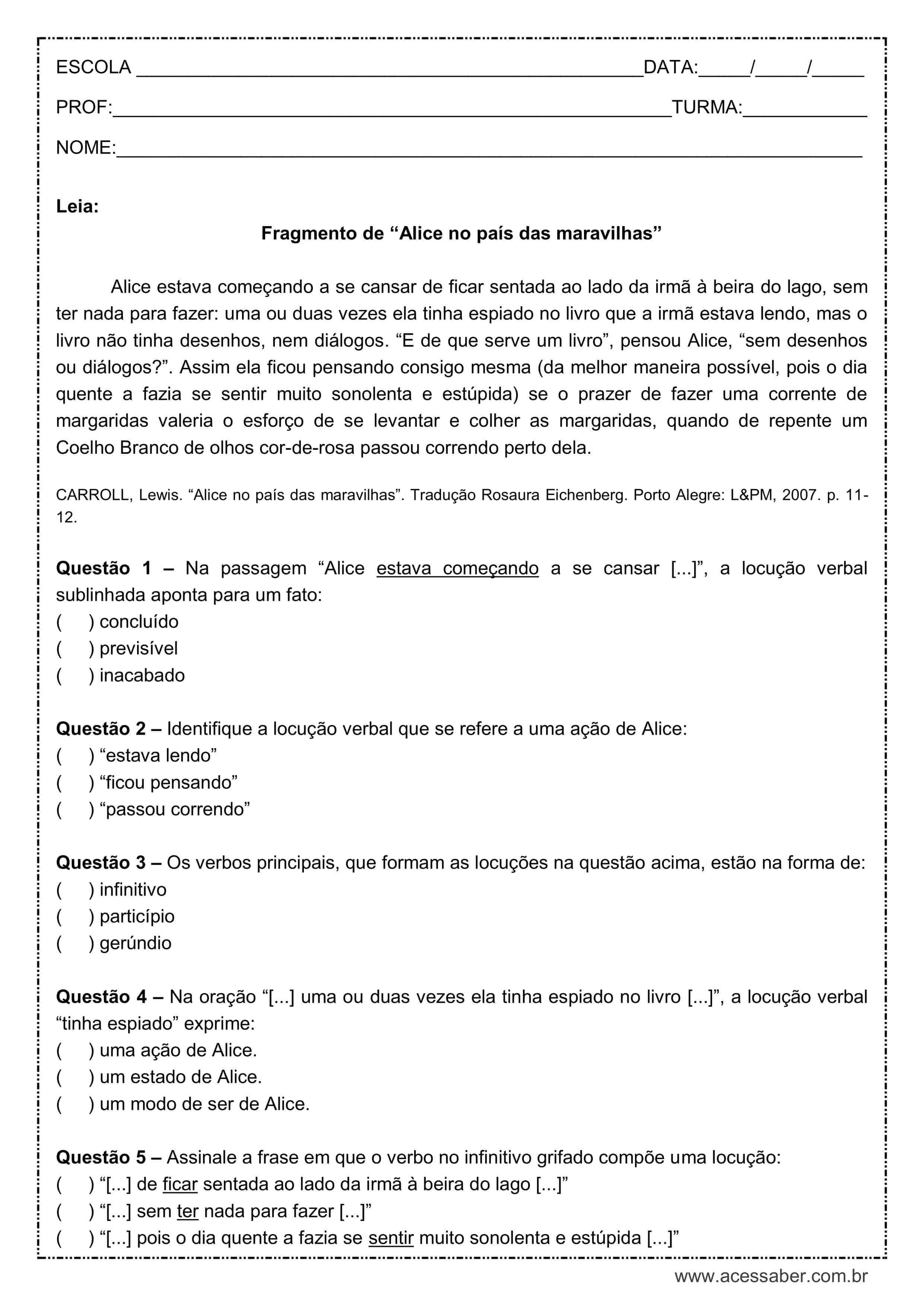 Exercícios Estrutura Do Verbo o Ano Várias Estruturas