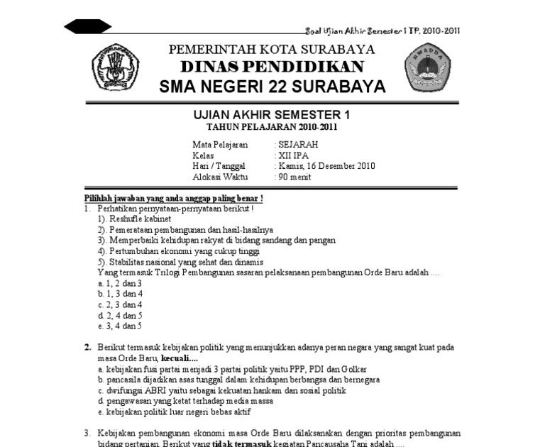 Soal Uas Sejarah Indonesia Kelas X Semester 1