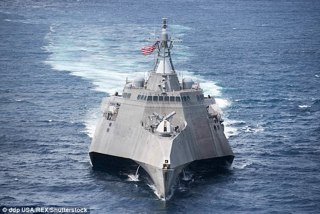 The USS Coronado is an Independence-class littoral combat ship, designed for speed around a trimaran hull and built to allow marines rapid access in shallow coastal waters – like those around the Korean peninsula