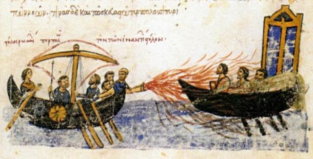 Imagen de un manuscrito iluminado, los Skylitzes Madrid, mostrando fuego griego en uso contra la flota del rebelde Thomas el eslavo.
