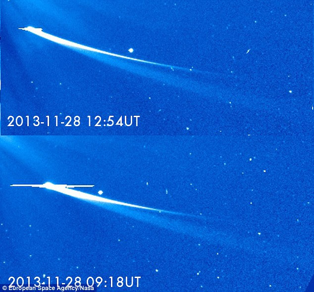 The bottom image shows Comet ISON blazing towards the sun on Thursday morning in the U.S.