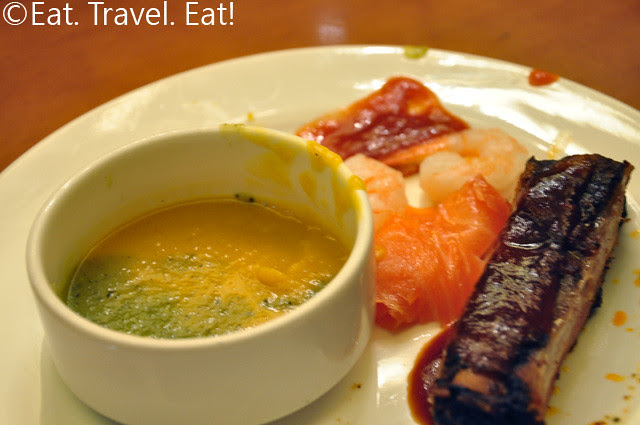 Butternut Squash Soup, Smoked Salmon, Beef Rib, Shrimp Cocktail