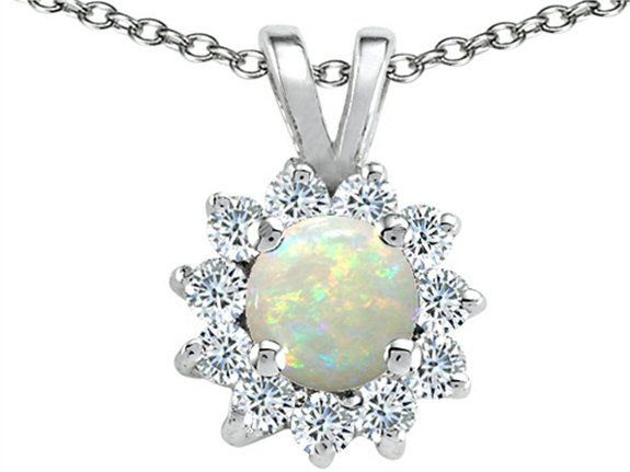 Tommaso Design Round Genuine Opal and Diamond Pendant White Gold