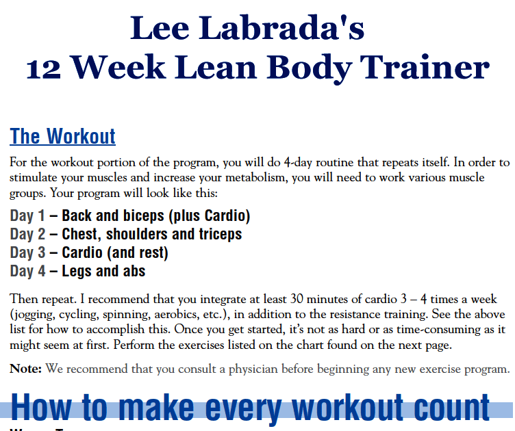 15 Minute Lee Labrada 12 Week Lean Body Workout Diet Pdf for push your ABS