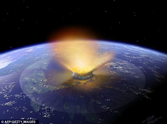 Boom: A computer generated picture imagines how it might have looked when a suspected asteroid struck the Yucatan peninsula 65million years ago. New research suggests that the impact may have been a comet