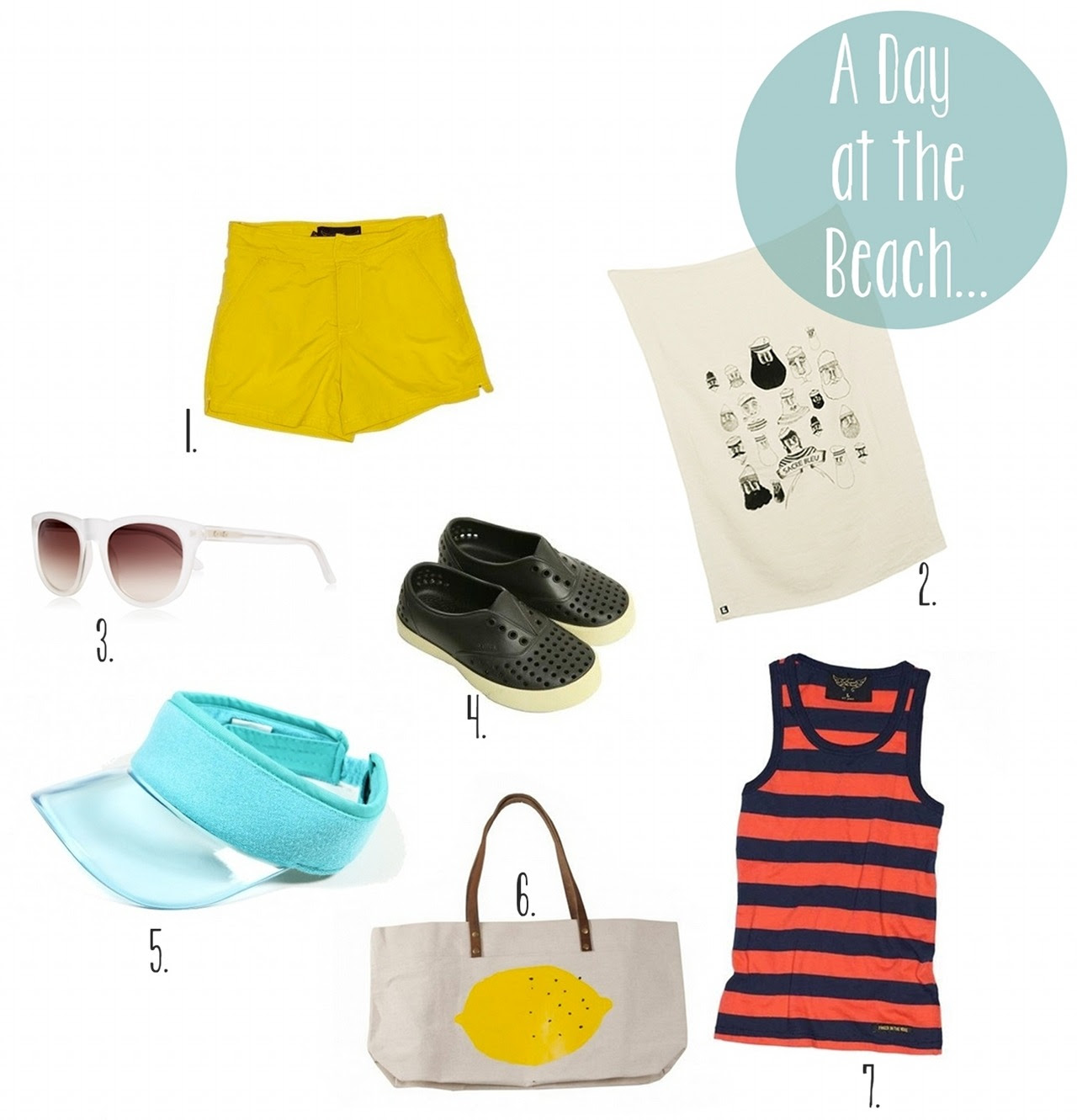1. Yellow swim trunks by Finger in the nose / 2. Throw blanket by Mini &amp; Maximus / 3. White sunglasses by Sons &amp; Daughters / 4. Black shoes by Native / 5. Turquoise sun cap by Mini Rodini / 6. Canvas tote bag by Bobo Choses  / 7. Red striped tank top by Finger in the nose