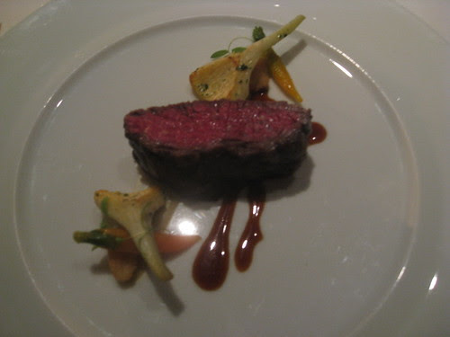French Laundry - August 2009 - Snake River Frams "Calotte de Boeuf Grille" with Globe Aritchokes, Nates Carrots, Carlic "Croquante," Parsley Shoots, and Sauce Barigoule