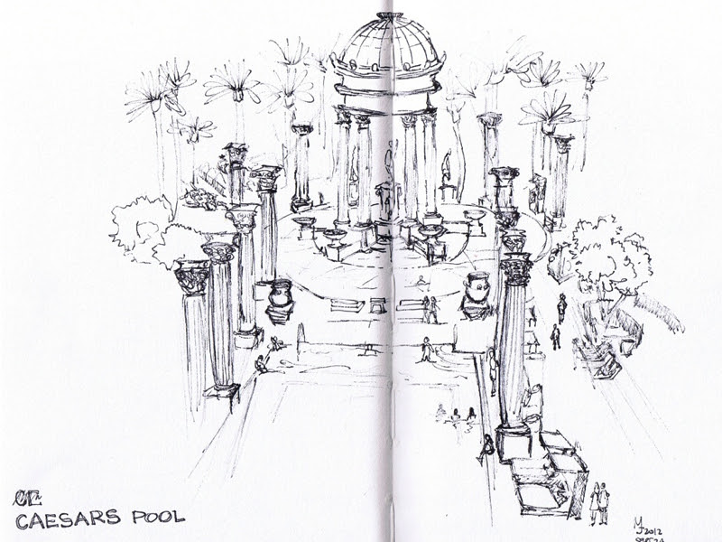 MJ SKETCHBOOK | Urban Sketching - Las Vegas - Caesars Palace pools