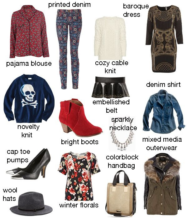 paisley pajama blouse, Current/Elliott printed jeans, Aldo Mandina boots, denim shirt, skull sweater, cap toe pumps, Zara peplum belt, Topshop Baroque dress, cable knot sweater, fall 2012 fashion trends