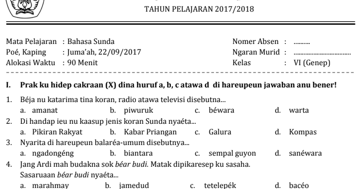 Soal Uasbn Bahasa Sunda Kelas 6 Sd - Hitungan Soal