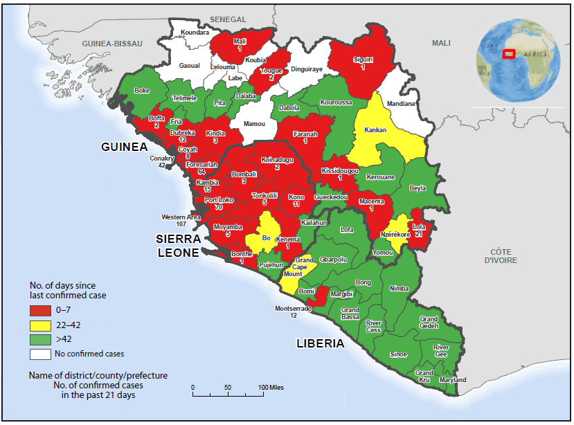 The figure above is a map of West Africa showing the number of days since the last confirmed case of Ebola virus disease in the region and the number of confirmed cases in the past 21 days during January 25-February 14, 2015. 