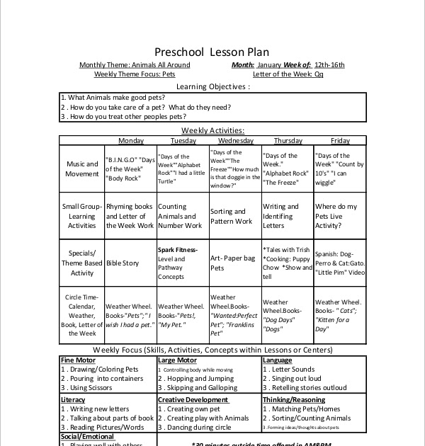 Weekly Lesson Plan For Preschool Sample / Preschool Lesson Plan