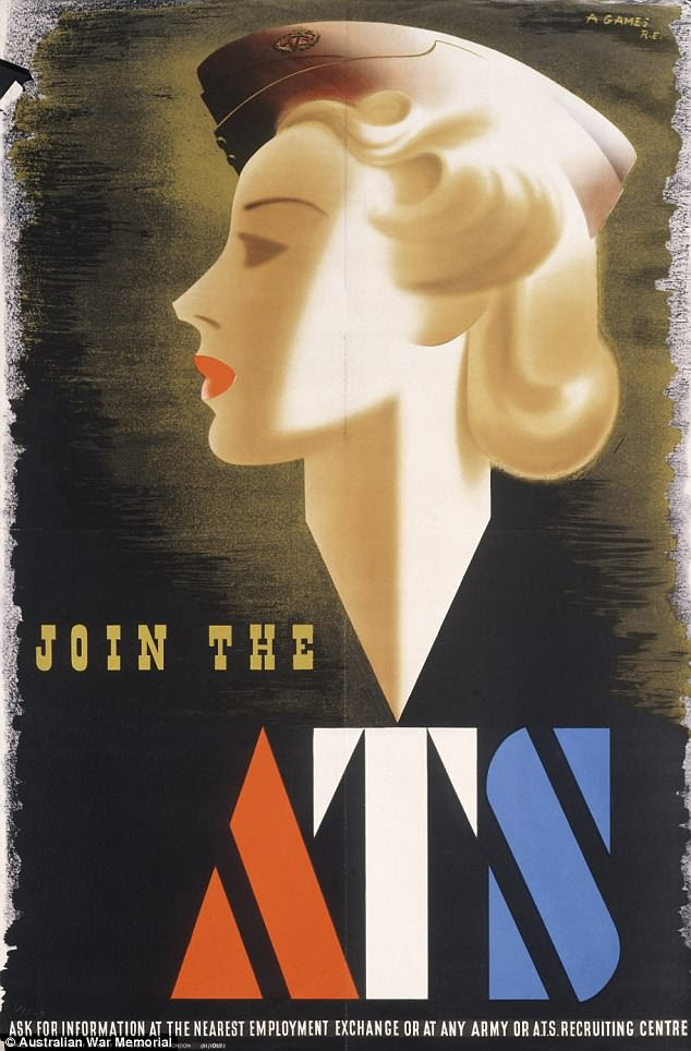 A British World War II recruitment poster encouraging women to join the Auxiliary Territorial Service, depicting a stylised portrait of a woman wearing an ATS forage cap. It was dubbed the 'blonde bombshell' and was criticised by the House of Commons for its overt glamour
