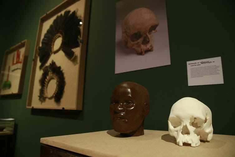 Réplicas do crânio de Luzia na exposição Museu Nacional Vive - Arqueologia do Resgate, a primeira com peças retiradas do incêndio, no Centro Cultural Banco do Brasil.
