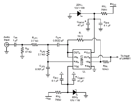 Preamplifier and filter schematic with LM833 IC