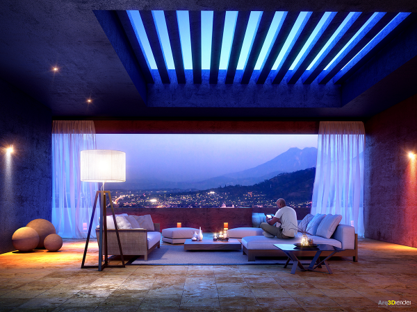 A stunning view is an enviable feature in this sleek living room, where even the ceiling opens up into the sky.