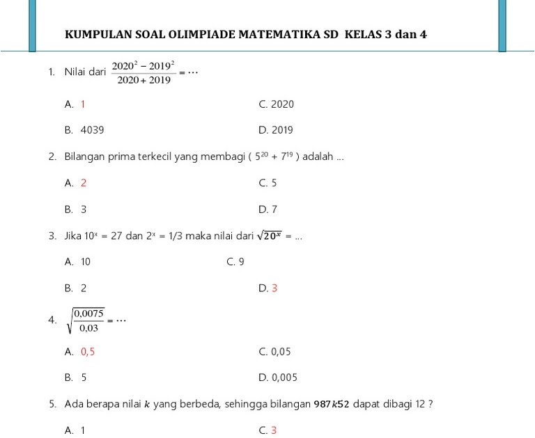 Contoh Soal Osn Matematika Sd 2021 Ajudan Soal