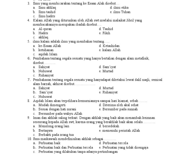 Soal Aqidah Akhlak Kelas 2 Mi Semester 2