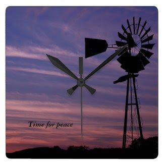 Time For Peace Wall Clock with Windmill in Sunset