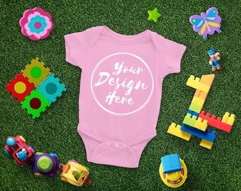 Download Blank Pink Baby Onesie Mockup, Fashion Design Styled, Baby Mock up with Toys - Flat, Direct View ...