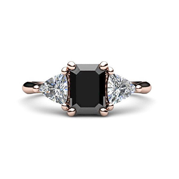 14K Black Diamond Engagement Ring Vintage Black Diamond 3 Stone Ring with Trillion Diamonds - RareEarth