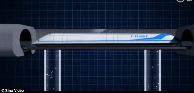 The 'flying train' is a passenger pod that travels through a vacuum tube using magnetic levitation - similar to the hyperloop, which is looking to reach speeds of 760 mph (1,200 km/h)